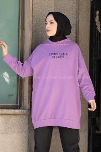 Modalamelif Kapşonlu Be Happy Baskılı Sweat Lila