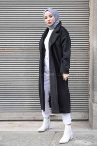 Modalamelif Tek Düğmeli Düşük Kol Kaşe Kaban Siyah