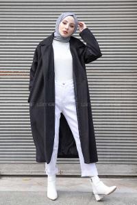 Modalamelif Tek Düğmeli Düşük Kol Kaşe Kaban Siyah