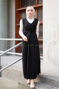 Modalamelif V Yaka Kuşaklı Jile Elbise Siyah