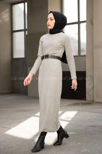 Modalamelif Gri Fitilli Triko Elbise