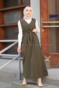 Modalamelif V Yaka Kuşaklı Jile Elbise Haki