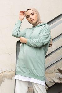 Modalamelif Eteği Garnili Kapşonlu Tunik Mint Yeşili