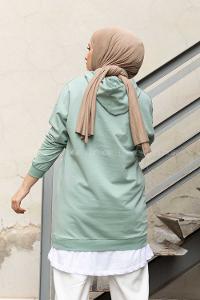 Modalamelif Eteği Garnili Kapşonlu Tunik Mint Yeşili