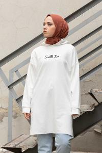 Modalamelif Önü Yazı Baskılı Kapşonlu Tunik Beyaz