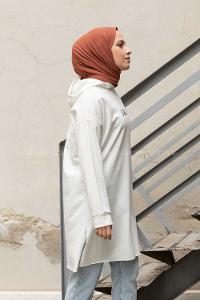 Modalamelif Önü Yazı Baskılı Kapşonlu Tunik Beyaz