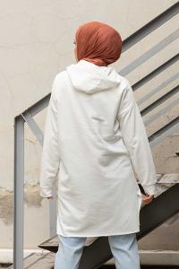 Modalamelif Önü Yazı Baskılı Kapşonlu Tunik Beyaz