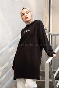 Modalamelif Önü Yazı Baskılı Kapşonlu Tunik Siyah