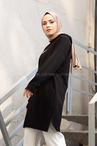 Modalamelif Önü Yazı Baskılı Kapşonlu Tunik Siyah