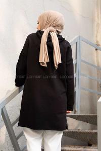 Modalamelif Önü Yazı Baskılı Kapşonlu Tunik Siyah