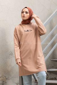 Modalamelif Önü Yazı Baskılı Kapşonlu Tunik Sütlü Kahve
