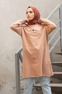 Modalamelif Önü Yazı Baskılı Kapşonlu Tunik Sütlü Kahve