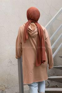Modalamelif Önü Yazı Baskılı Kapşonlu Tunik Sütlü Kahve