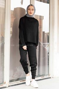 Modalamelif Kapşonlu Triko Takım Siyah