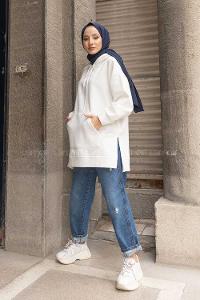 Modalamelif  Kanguru Cep Kapşonlu Sweatshirt Beyaz