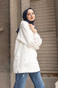 Modalamelif  Kanguru Cep Kapşonlu Sweatshirt Beyaz