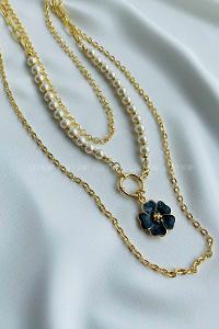 Lamelif İnci Taşlı Siyah Üçlü Kolye