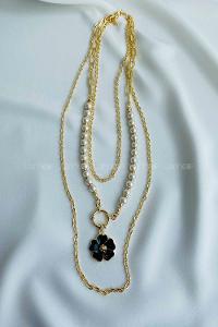 Lamelif İnci Taşlı Siyah Üçlü Kolye