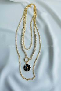 Lamelif İnci Taşlı Siyah Üçlü Kolye