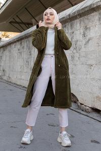 Modalamelif Çift Cepli Uzun Peluş Kaban Haki