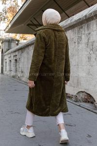 Modalamelif Çift Cepli Uzun Peluş Kaban Haki