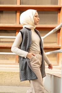 Modalamelif Kapitone Baskı Cepli Yelek Gri