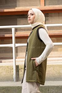 Modalamelif Kapitone Baskı Cepli Yelek Haki