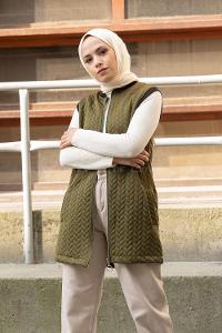 Modalamelif Kapitone Baskı Cepli Yelek Haki