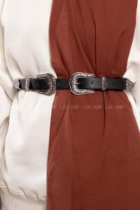 Modalamelif Çift Retro  Gümüş Tokalı Kemer Siyah