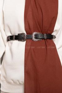 Modalamelif Çift Retro  Gümüş Tokalı Kemer Siyah