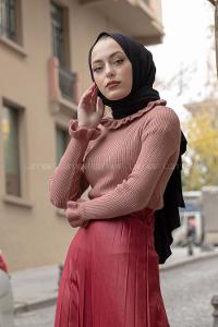 Modalamelif Boğazlı Fırfırlı Triko Kazak Gül