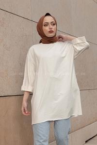 Modalamelif Düz Renk Fakir Kol Sweatshirt Beyaz