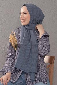 Modalamelif Çizgili Keten Şal Kot Mavisi