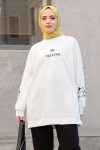Modalamelif Kedi Baskılı Scuba Sweatshirt Ekru