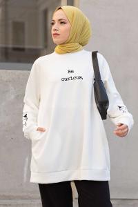 Modalamelif Kedi Baskılı Scuba Sweatshirt Ekru