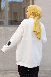 Modalamelif Kedi Baskılı Scuba Sweatshirt Ekru
