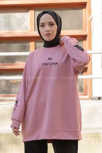 Modalamelif Kedi Baskılı Scuba Sweatshirt Pudra