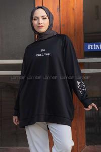 Modalamelif Kedi Baskılı Scuba Sweatshirt Siyah