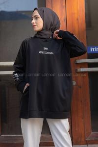 Modalamelif Kedi Baskılı Scuba Sweatshirt Siyah