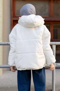 Modalamelif Önü Çıtçıt Düğmeli Kapşonlu Mont Ekru