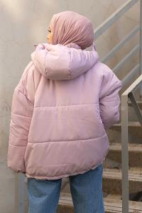 Modalamelif Önü Çıtçıt Düğmeli Kapşonlu Mont Lila