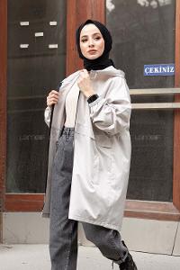 Modalamelif Önü Fermurlı Kapşonlu Kap Açık Gri