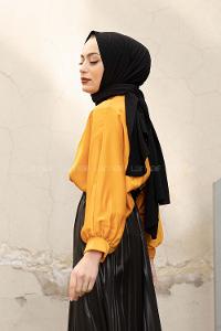 Modalamelif Yarasa Kol Gömlek Yaka Bluz Hardal Sarısı