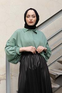 Modalamelif Yarasa Kol Gömlek Yaka Bluz Mint Yeşili