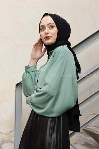 Modalamelif Yarasa Kol Gömlek Yaka Bluz Mint Yeşili