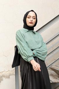 Modalamelif Yarasa Kol Gömlek Yaka Bluz Mint Yeşili