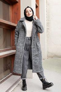 Modalamelif Çift Cepli Uzun Peluş Kaban Gri Siyah