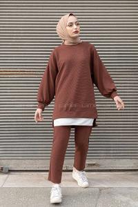 Modalamelif Eteği  Garnili Balon Kol İkili Takım Acı Kahve