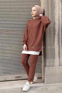 Modalamelif Eteği  Garnili Balon Kol İkili Takım Acı Kahve