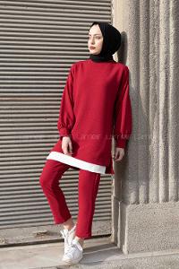 Modalamelif Eteği  Garnili Balon Kol İkili Takım Bordo